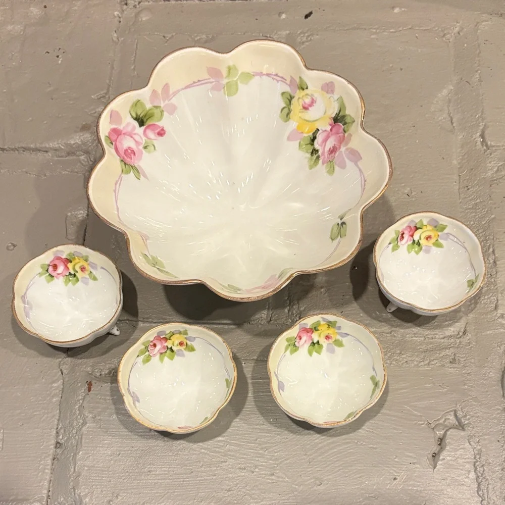 VTG Hand-Painted Nippon Porcelain‎ Footed Nut/Mint Bowl Set